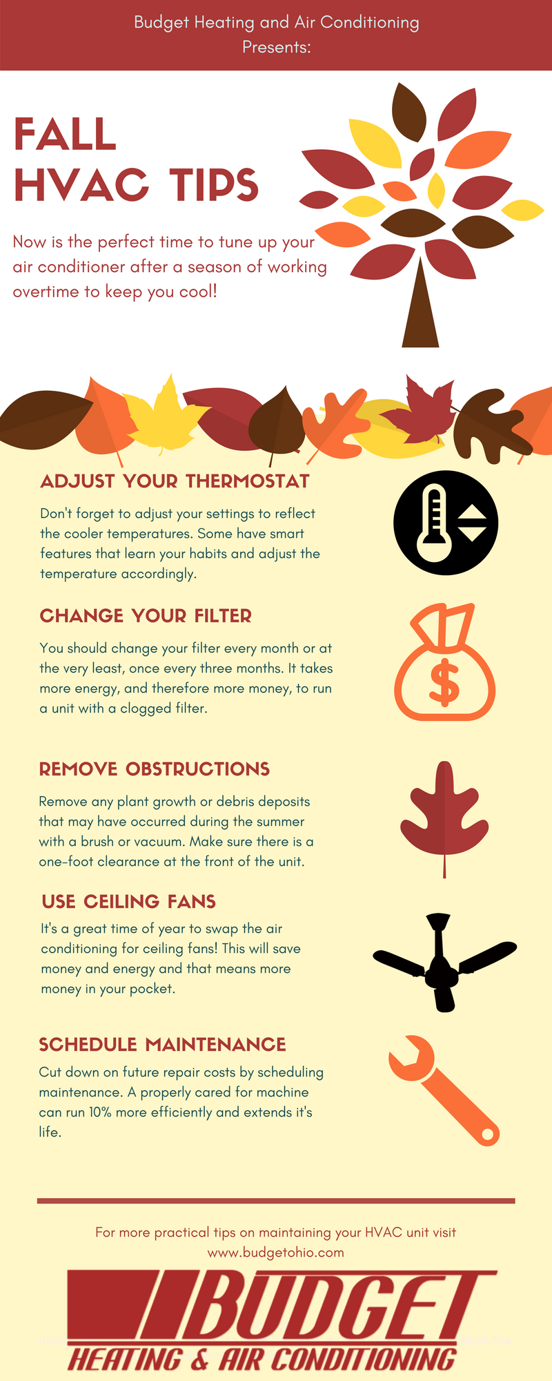 Air conditoner & HVAC maintenance tips for fall season by Budget Heating & Air Conditioning in Cleveland, Ohio.